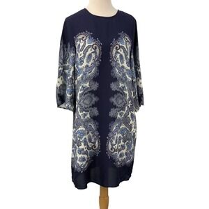 NWT H&M‎ Women's 3/4 Bell Sleeve Paisley Print Dress Navy Blue/White Size 4